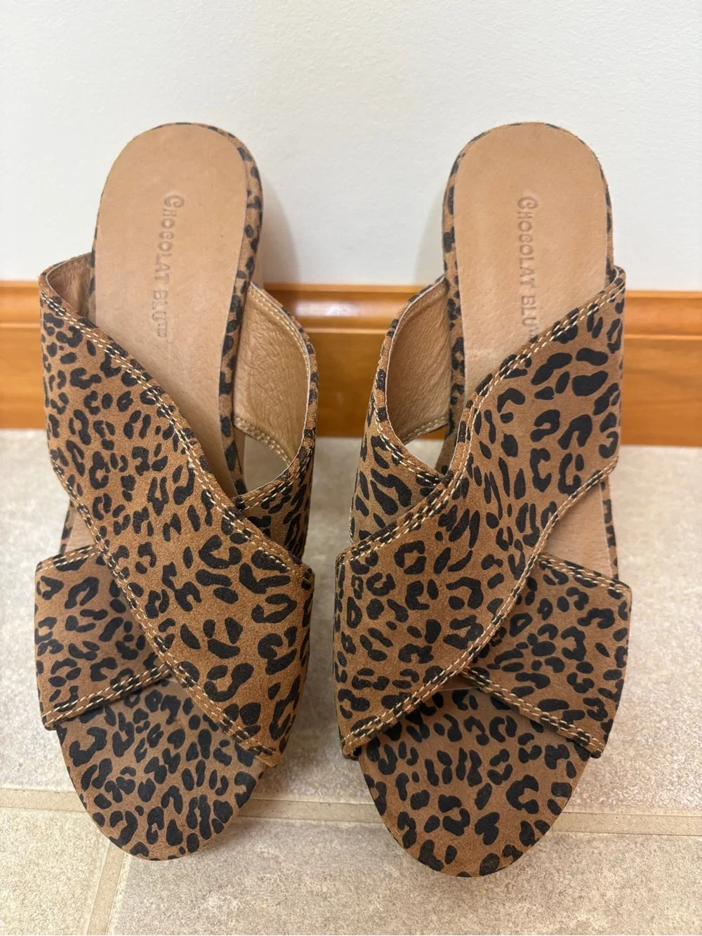 Chocolat Blu Leopard Print Slide Platform Wedge Sandal Size 7.5 US Casual Boho
